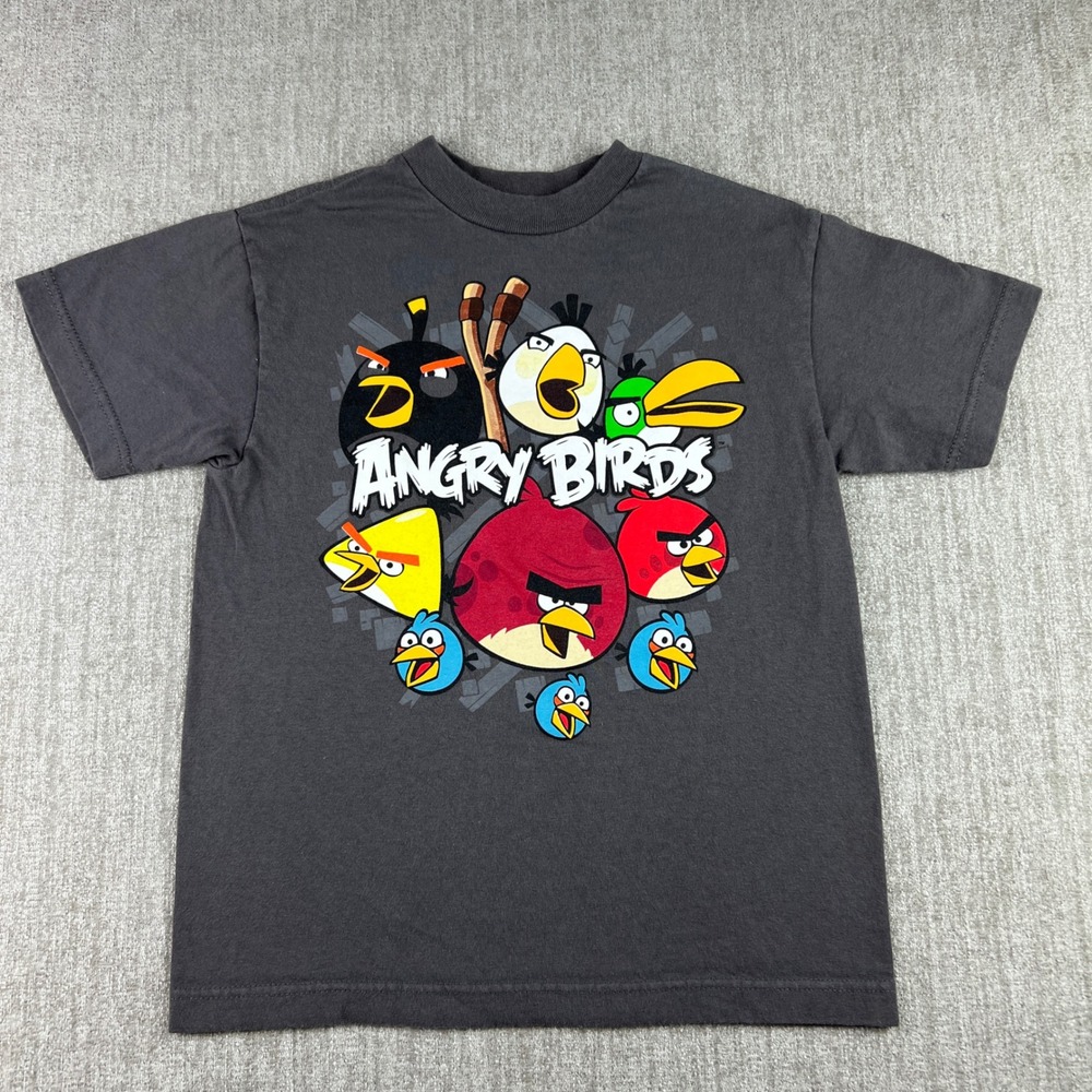 Angry Birds Graphic T-Shirt Kids Size 8 Charcoal Gray Gaming Slingshot Y2K Tee